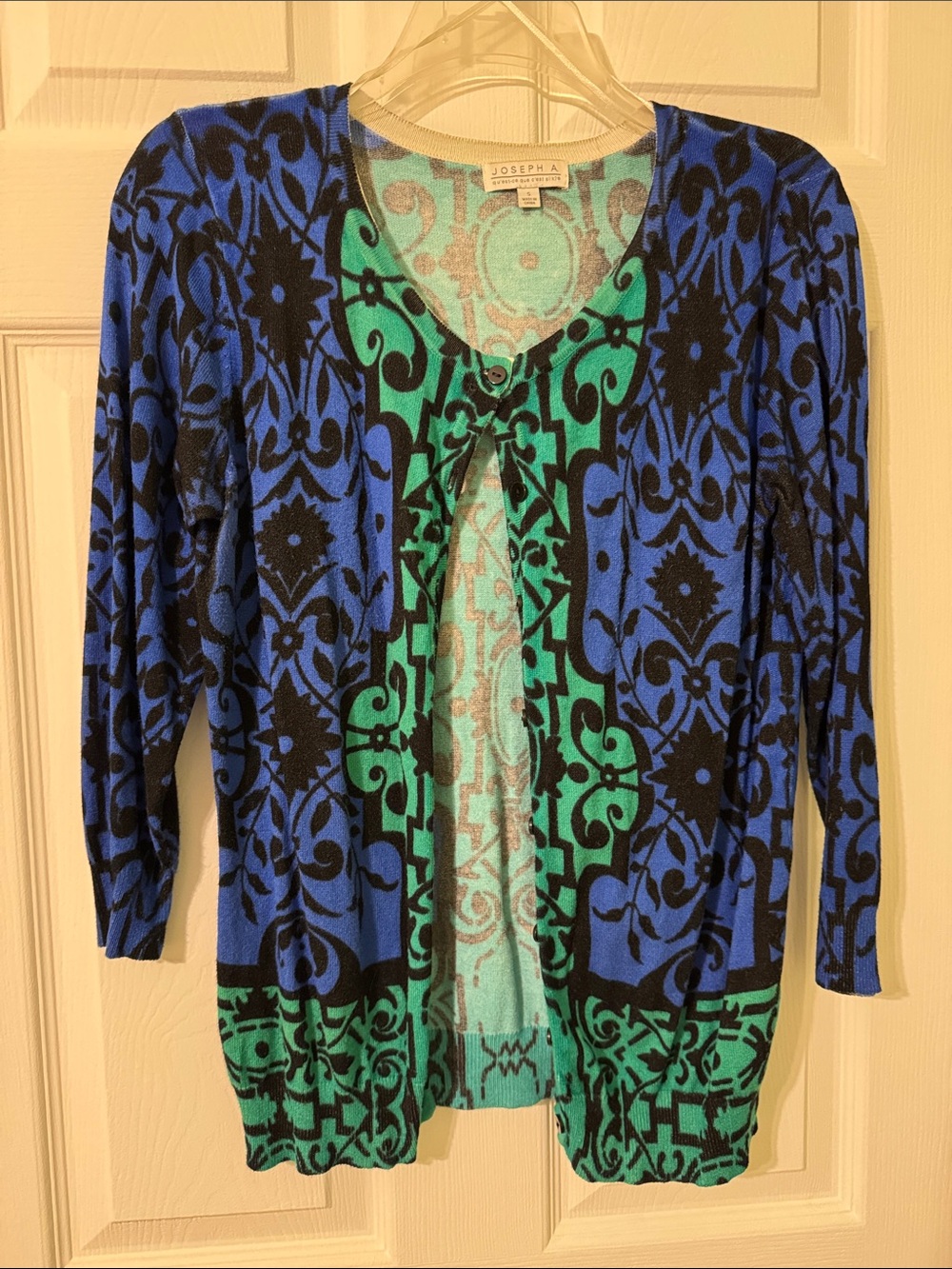 Joseph A Blue and Green Patterned Open-Front Cardigan